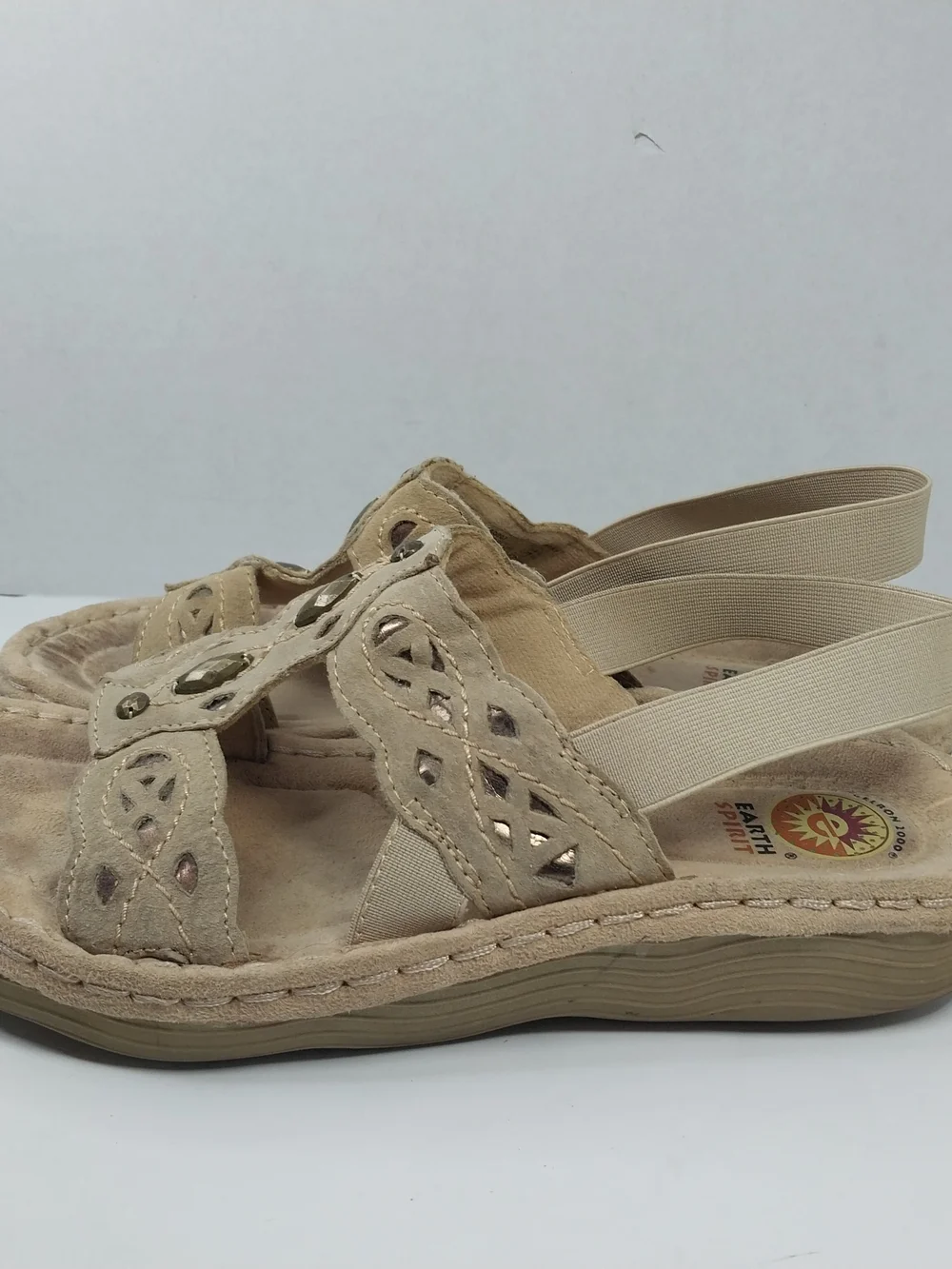 Earth Spirit 2000 Gelron Andi Sandal Tan Elastic Slingback Beaded Size 8.5 Boho - Picture 3 of 11